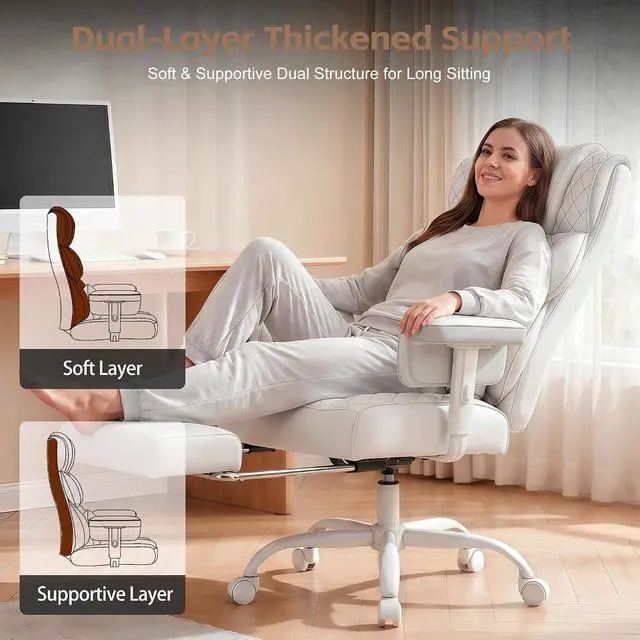 Alt view image 5 of 7 - Big and Tall Office Chair, Desk Chair with Soft Adjustable Armrests, Ergonomic High Back Gaming Chair with Lumbar Support, Executive Computer Chairs with Footrest (PU Leather,White)