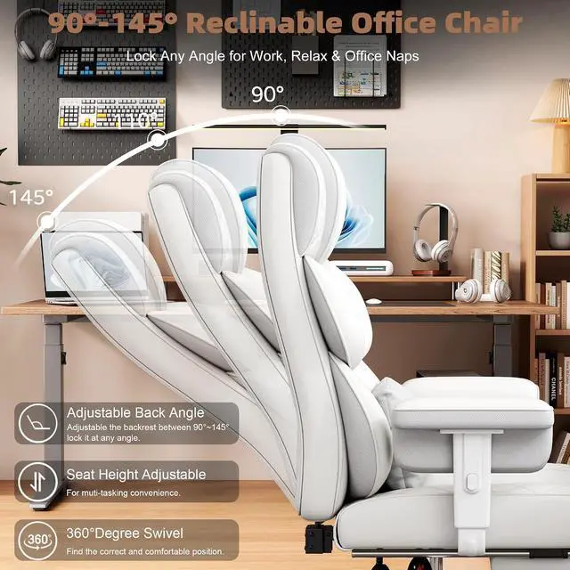 Alt view image 7 of 7 - Big and Tall Office Chair, Desk Chair with Soft Adjustable Armrests, Ergonomic High Back Gaming Chair with Lumbar Support, Executive Computer Chairs with Footrest (PU Leather,White)