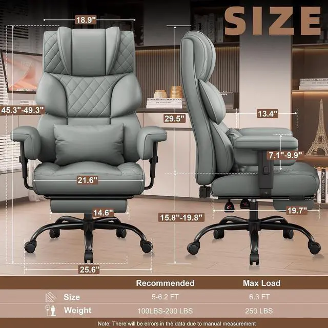 Alt view image 2 of 7 - Big and Tall Office Chair, Desk Chair with Soft Adjustable Armrests, Ergonomic High Back Gaming Chair with Lumbar Support, Executive Computer Chairs with Footrest (PU Leather, Gray)