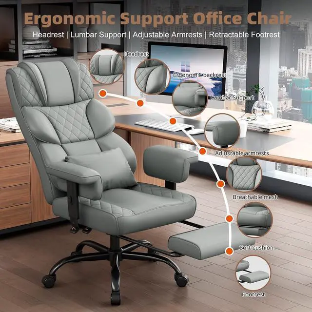 Alt view image 3 of 7 - Big and Tall Office Chair, Desk Chair with Soft Adjustable Armrests, Ergonomic High Back Gaming Chair with Lumbar Support, Executive Computer Chairs with Footrest (PU Leather, Gray)
