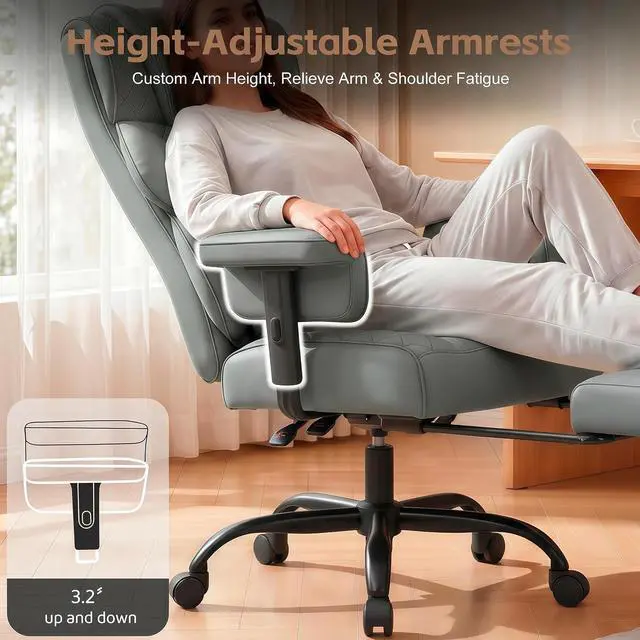Alt view image 4 of 7 - Big and Tall Office Chair, Desk Chair with Soft Adjustable Armrests, Ergonomic High Back Gaming Chair with Lumbar Support, Executive Computer Chairs with Footrest (PU Leather, Gray)