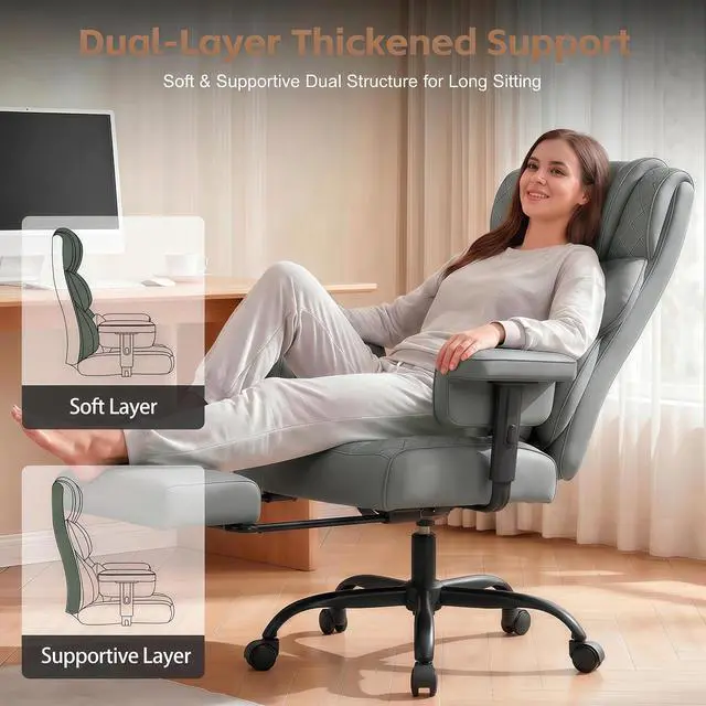 Alt view image 5 of 7 - Big and Tall Office Chair, Desk Chair with Soft Adjustable Armrests, Ergonomic High Back Gaming Chair with Lumbar Support, Executive Computer Chairs with Footrest (PU Leather, Gray)