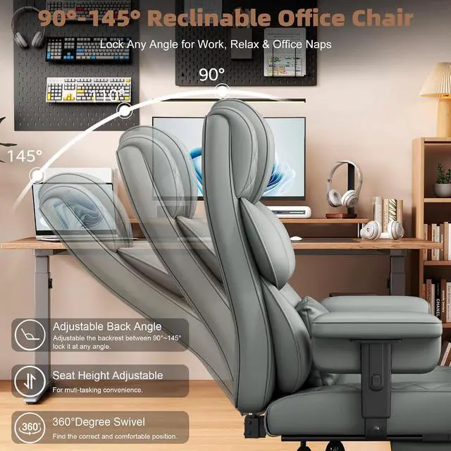 Alt view image 7 of 7 - Big and Tall Office Chair, Desk Chair with Soft Adjustable Armrests, Ergonomic High Back Gaming Chair with Lumbar Support, Executive Computer Chairs with Footrest (PU Leather, Gray)