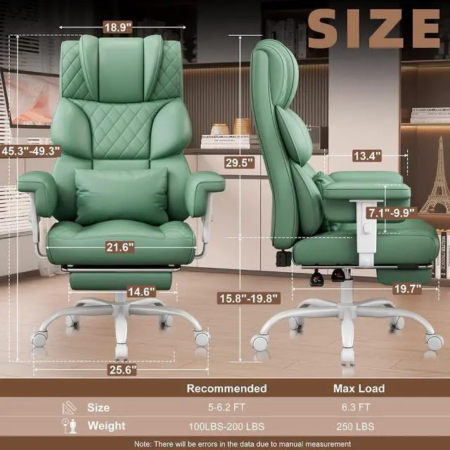Alt view image 2 of 7 - Big and Tall Office Chair, Desk Chair with Soft Adjustable Armrests, Ergonomic High Back Gaming Chair with Lumbar Support, Executive Computer Chairs with Footrest (PU Leather, Green)
