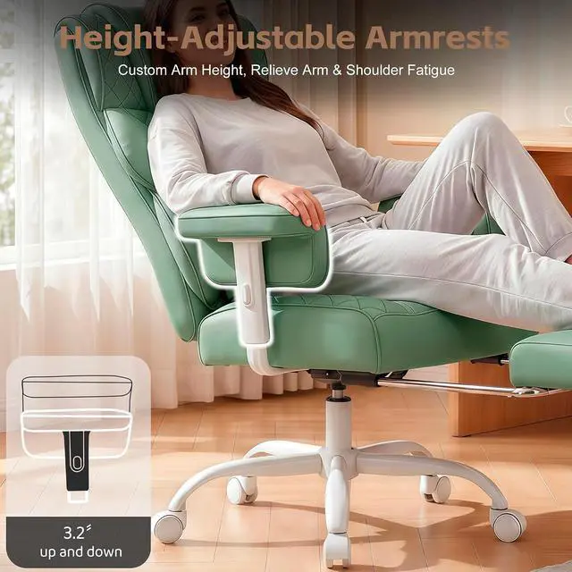 Alt view image 4 of 7 - Big and Tall Office Chair, Desk Chair with Soft Adjustable Armrests, Ergonomic High Back Gaming Chair with Lumbar Support, Executive Computer Chairs with Footrest (PU Leather, Green)