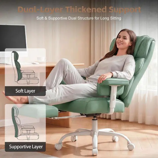 Alt view image 5 of 7 - Big and Tall Office Chair, Desk Chair with Soft Adjustable Armrests, Ergonomic High Back Gaming Chair with Lumbar Support, Executive Computer Chairs with Footrest (PU Leather, Green)