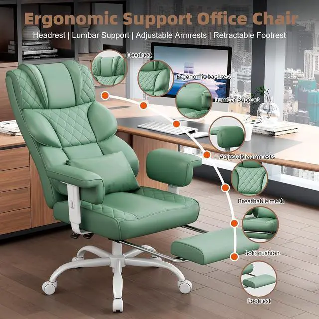 Alt view image 3 of 7 - Big and Tall Office Chair, Desk Chair with Soft Adjustable Armrests, Ergonomic High Back Gaming Chair with Lumbar Support, Executive Computer Chairs with Footrest (PU Leather, Green)