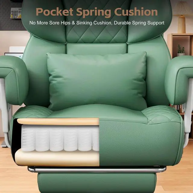 Alt view image 6 of 7 - Big and Tall Office Chair, Desk Chair with Soft Adjustable Armrests, Ergonomic High Back Gaming Chair with Lumbar Support, Executive Computer Chairs with Footrest (PU Leather, Green)