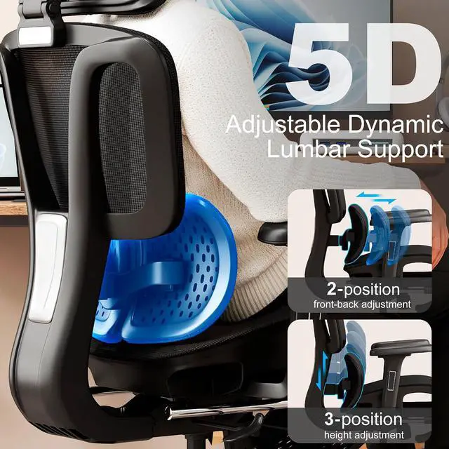 Alt view image 4 of 7 - Ergonomic Office Chair with Footrest, Desk Chairs with Adjustable 3D Headrest and Armrests, Computer Gaming Chair with Dynamic Lumbar Support & Adjustable Depth Breathable Mesh Seat (Black)