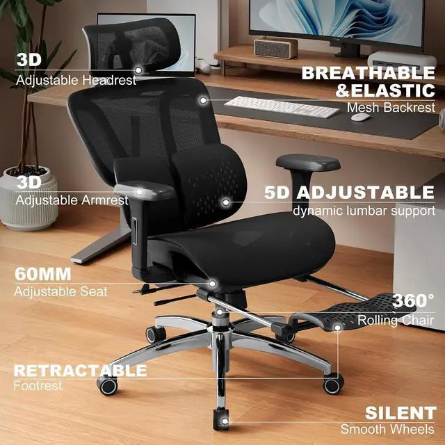 Alt view image 3 of 7 - Ergonomic Office Chair with Footrest, Desk Chairs with Adjustable 3D Headrest and Armrests, Computer Gaming Chair with Dynamic Lumbar Support & Adjustable Depth Breathable Mesh Seat (Black)
