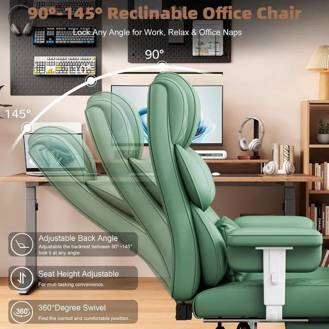 Alt view image 7 of 7 - Big and Tall Office Chair, Desk Chair with Soft Adjustable Armrests, Ergonomic High Back Gaming Chair with Lumbar Support, Executive Computer Chairs with Footrest (PU Leather, Green)