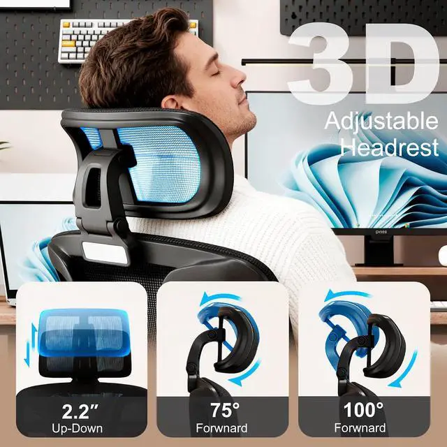 Alt view image 5 of 7 - Ergonomic Office Chair with Footrest, Desk Chairs with Adjustable 3D Headrest and Armrests, Computer Gaming Chair with Dynamic Lumbar Support & Adjustable Depth Breathable Mesh Seat (Black)