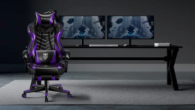 Alt view image 2 of 7 - Gaming Chair, Big and Tall Gaming Chair with Footrest and Massage, Gaming Chairs for Adults with Lumbar Support, Ergonomic High Back Computer Chair with Pocket Spring Cushion (Purple/Black)
