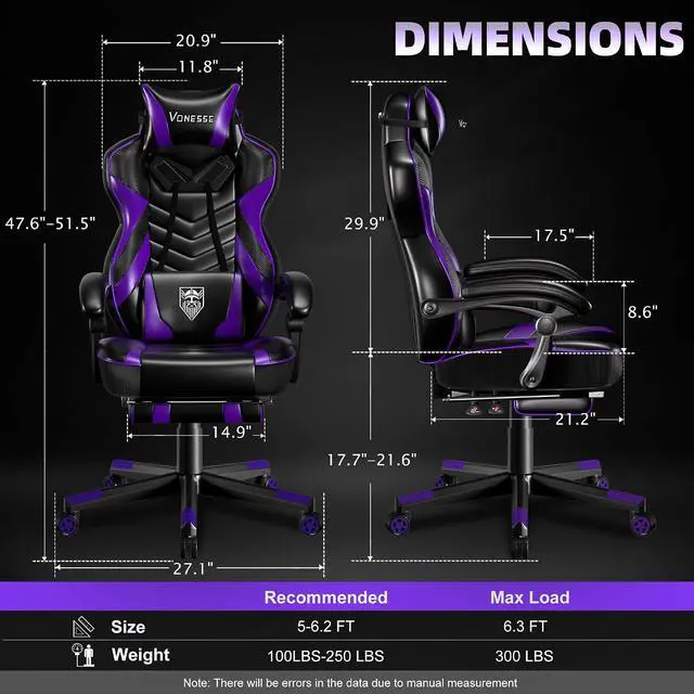 Alt view image 3 of 7 - Gaming Chair, Big and Tall Gaming Chair with Footrest and Massage, Gaming Chairs for Adults with Lumbar Support, Ergonomic High Back Computer Chair with Pocket Spring Cushion (Purple/Black)