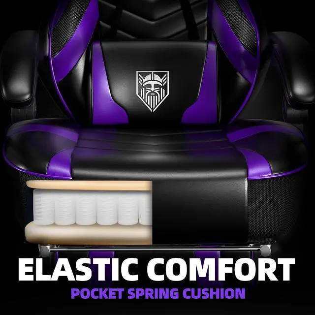 Alt view image 5 of 7 - Gaming Chair, Big and Tall Gaming Chair with Footrest and Massage, Gaming Chairs for Adults with Lumbar Support, Ergonomic High Back Computer Chair with Pocket Spring Cushion (Purple/Black)