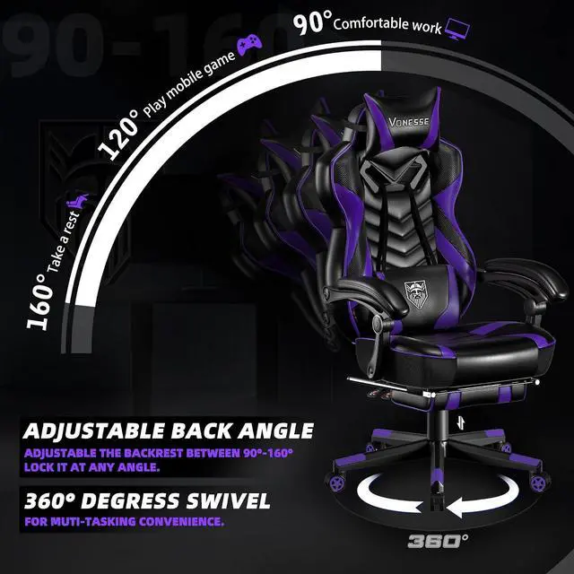 Alt view image 6 of 7 - Gaming Chair, Big and Tall Gaming Chair with Footrest and Massage, Gaming Chairs for Adults with Lumbar Support, Ergonomic High Back Computer Chair with Pocket Spring Cushion (Purple/Black)