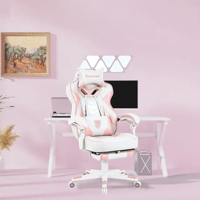 Alt view image 2 of 7 - Pink Gaming Chair, Big and Tall Gaming Chair with Footrest and Massage, Gaming Chairs for Adults with Lumbar Support, Ergonomic High Back Computer Chair with Pocket Spring Cushion (White/Pink)