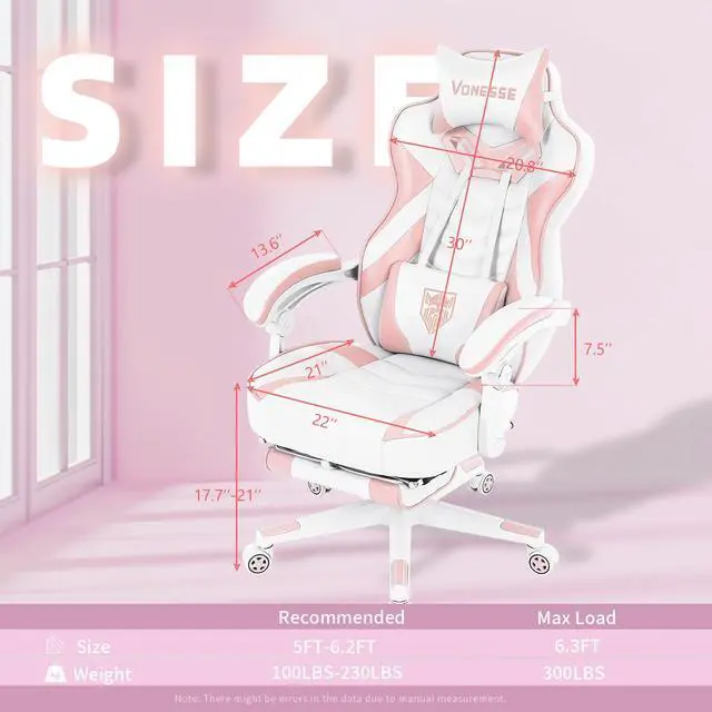 Alt view image 3 of 7 - Pink Gaming Chair, Big and Tall Gaming Chair with Footrest and Massage, Gaming Chairs for Adults with Lumbar Support, Ergonomic High Back Computer Chair with Pocket Spring Cushion (White/Pink)