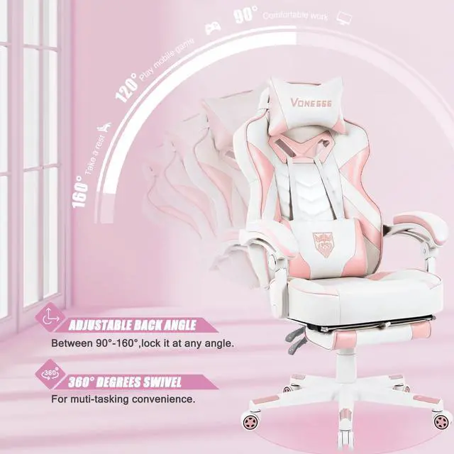 Alt view image 5 of 7 - Pink Gaming Chair, Big and Tall Gaming Chair with Footrest and Massage, Gaming Chairs for Adults with Lumbar Support, Ergonomic High Back Computer Chair with Pocket Spring Cushion (White/Pink)