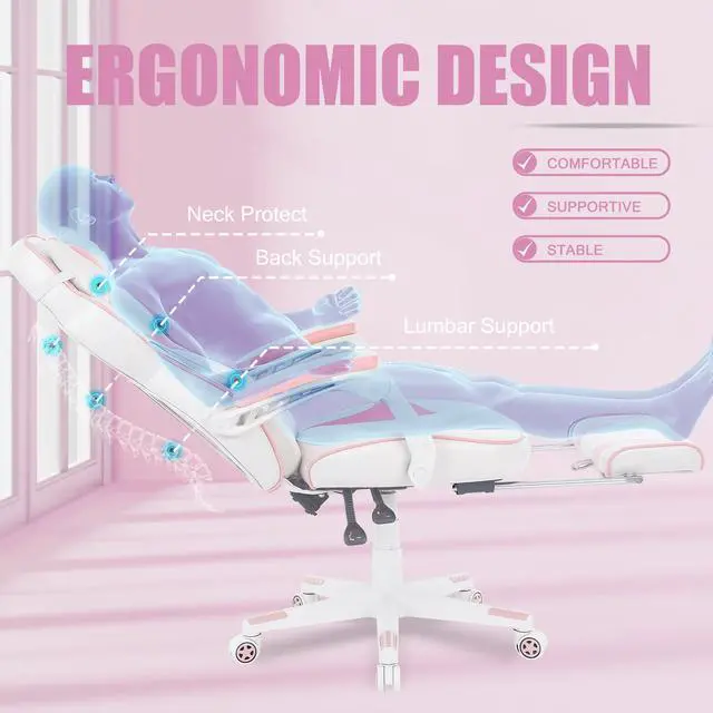 Alt view image 7 of 7 - Pink Gaming Chair, Big and Tall Gaming Chair with Footrest and Massage, Gaming Chairs for Adults with Lumbar Support, Ergonomic High Back Computer Chair with Pocket Spring Cushion (White/Pink)