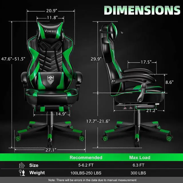 Alt view image 3 of 7 - Gaming Chair, Big and Tall Gaming Chair with Footrest and Massage, Gaming Chairs for Adults with Lumbar Support, Ergonomic High Back Computer Chair with Pocket Spring Cushion (Green/Black)