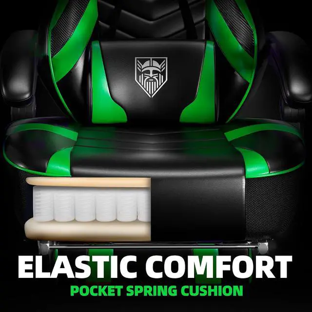 Alt view image 5 of 7 - Gaming Chair, Big and Tall Gaming Chair with Footrest and Massage, Gaming Chairs for Adults with Lumbar Support, Ergonomic High Back Computer Chair with Pocket Spring Cushion (Green/Black)