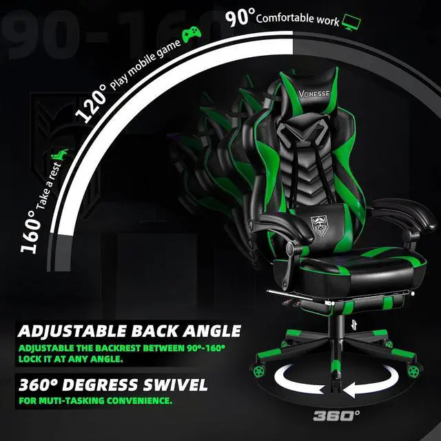 Alt view image 6 of 7 - Gaming Chair, Big and Tall Gaming Chair with Footrest and Massage, Gaming Chairs for Adults with Lumbar Support, Ergonomic High Back Computer Chair with Pocket Spring Cushion (Green/Black)