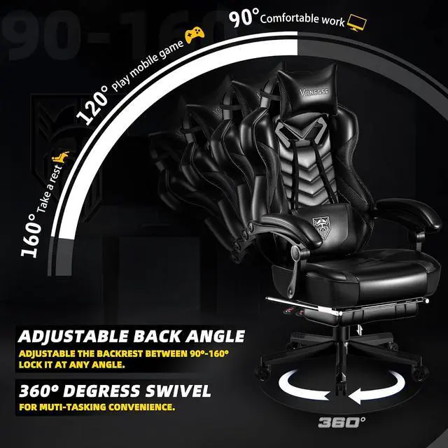 Alt view image 6 of 7 - Gaming Chair, Big and Tall Office Chair with Footrest and Massage, Gaming Chairs for Adults with Lumbar Support, Ergonomic High Back Computer Desk Chair with Pocket Spring Cushion (Black)