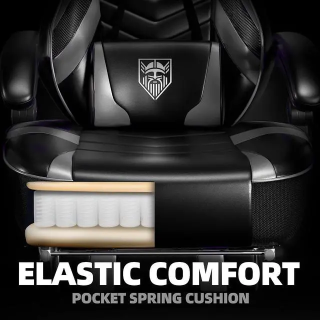 Alt view image 5 of 7 - Gaming Chair, Big and Tall Gaming Chair with Footrest and Massage, Gaming Chairs for Adults with Lumbar Support, Ergonomic High Back Computer Chair with Pocket Spring Cushion (Grey/Black)