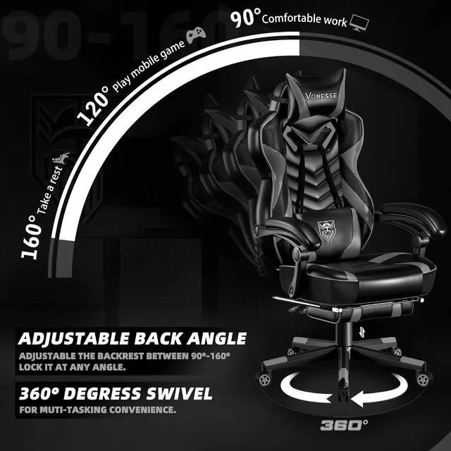 Alt view image 6 of 7 - Gaming Chair, Big and Tall Gaming Chair with Footrest and Massage, Gaming Chairs for Adults with Lumbar Support, Ergonomic High Back Computer Chair with Pocket Spring Cushion (Grey/Black)