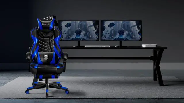 Alt view image 2 of 7 - Gaming Chair, Big and Tall Gaming Chair with Footrest and Massage, Gaming Chairs for Adults with Lumbar Support, Ergonomic High Back Computer Chair with Pocket Spring Cushion (Black/Blue)