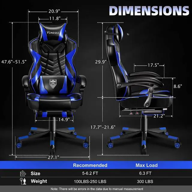 Alt view image 3 of 7 - Gaming Chair, Big and Tall Gaming Chair with Footrest and Massage, Gaming Chairs for Adults with Lumbar Support, Ergonomic High Back Computer Chair with Pocket Spring Cushion (Black/Blue)
