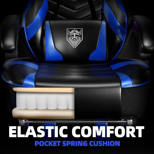 Alt view image 5 of 7 - Gaming Chair, Big and Tall Gaming Chair with Footrest and Massage, Gaming Chairs for Adults with Lumbar Support, Ergonomic High Back Computer Chair with Pocket Spring Cushion (Black/Blue)