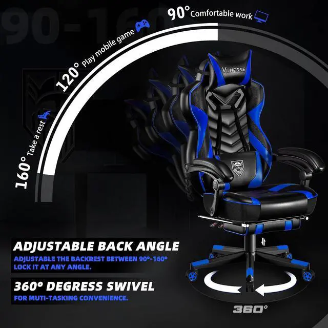 Alt view image 6 of 7 - Gaming Chair, Big and Tall Gaming Chair with Footrest and Massage, Gaming Chairs for Adults with Lumbar Support, Ergonomic High Back Computer Chair with Pocket Spring Cushion (Black/Blue)