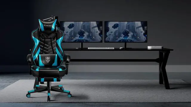Alt view image 2 of 7 - Gaming Chair, Big and Tall Gaming Chair with Footrest and Massage, Gaming Chairs for Adults with Lumbar Support, Ergonomic High Back Computer Chair with Pocket Spring Cushion (Cyan/Black)