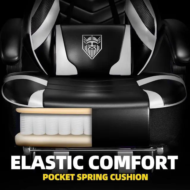 Alt view image 5 of 7 - Gaming Chair, Big and Tall Gaming Chair with Footrest and Massage, Gaming Chairs for Adults with Lumbar Support, Ergonomic High Back Computer Chair with Pocket Spring Cushion (White/Black)
