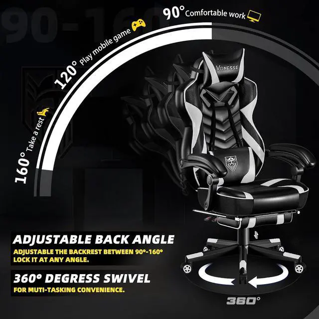 Alt view image 6 of 7 - Gaming Chair, Big and Tall Gaming Chair with Footrest and Massage, Gaming Chairs for Adults with Lumbar Support, Ergonomic High Back Computer Chair with Pocket Spring Cushion (White/Black)