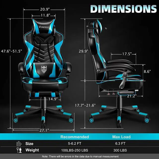 Alt view image 3 of 7 - Gaming Chair, Big and Tall Gaming Chair with Footrest and Massage, Gaming Chairs for Adults with Lumbar Support, Ergonomic High Back Computer Chair with Pocket Spring Cushion (Cyan/Black)