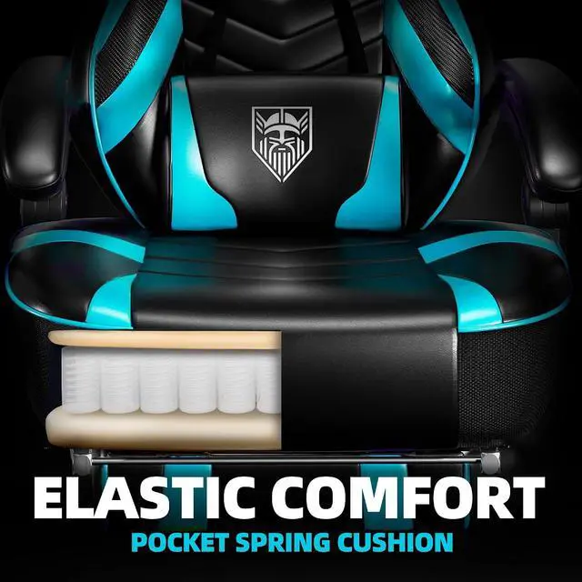 Alt view image 5 of 7 - Gaming Chair, Big and Tall Gaming Chair with Footrest and Massage, Gaming Chairs for Adults with Lumbar Support, Ergonomic High Back Computer Chair with Pocket Spring Cushion (Cyan/Black)