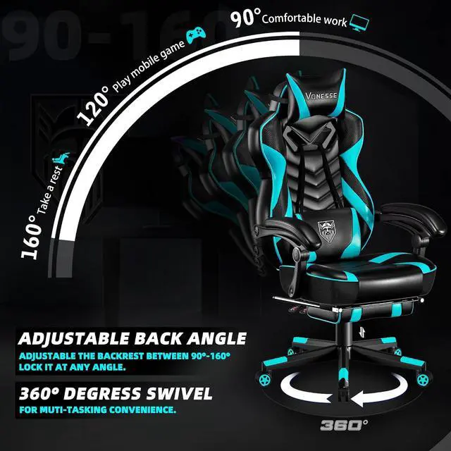 Alt view image 6 of 7 - Gaming Chair, Big and Tall Gaming Chair with Footrest and Massage, Gaming Chairs for Adults with Lumbar Support, Ergonomic High Back Computer Chair with Pocket Spring Cushion (Cyan/Black)