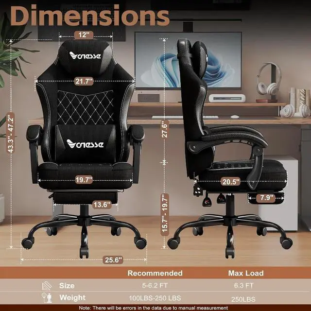 Alt view image 2 of 7 - Gaming Chair, Office Chair with Linen Breathable Mesh Fabric, Desk Chair with Adjustable Lumbar Support, Executive Computer Chairs with Footrest and Headrest (Black)