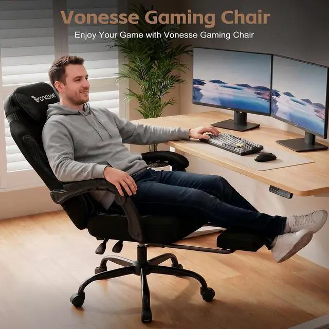 Alt view image 3 of 7 - Gaming Chair, Office Chair with Linen Breathable Mesh Fabric, Desk Chair with Adjustable Lumbar Support, Executive Computer Chairs with Footrest and Headrest (Black)