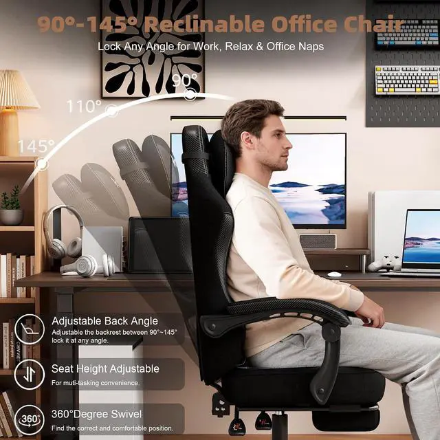 Alt view image 7 of 7 - Gaming Chair, Office Chair with Linen Breathable Mesh Fabric, Desk Chair with Adjustable Lumbar Support, Executive Computer Chairs with Footrest and Headrest (Black)
