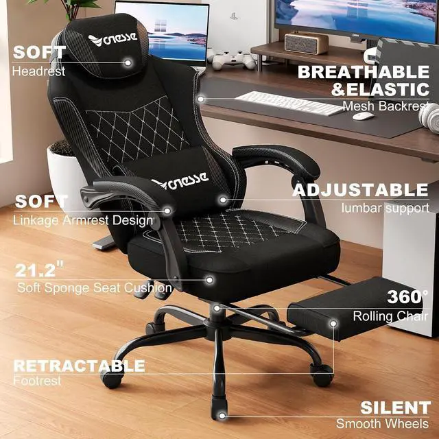 Alt view image 4 of 7 - Gaming Chair, Office Chair with Linen Breathable Mesh Fabric, Desk Chair with Adjustable Lumbar Support, Executive Computer Chairs with Footrest and Headrest (Black)