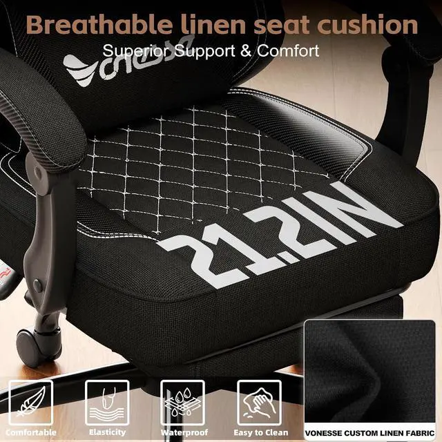 Alt view image 6 of 7 - Gaming Chair, Office Chair with Linen Breathable Mesh Fabric, Desk Chair with Adjustable Lumbar Support, Executive Computer Chairs with Footrest and Headrest (Black)