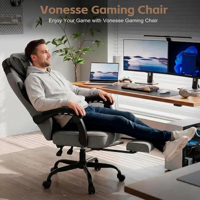 Alt view image 3 of 7 - Gaming Chair, Office Chair with Linen Breathable Mesh Fabric, Desk Chair with Adjustable Lumbar Support, Executive Computer Chairs with Footrest and Headrest (Gray)