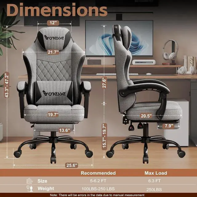 Alt view image 2 of 7 - Gaming Chair, Office Chair with Linen Breathable Mesh Fabric, Desk Chair with Adjustable Lumbar Support, Executive Computer Chairs with Footrest and Headrest (Gray)