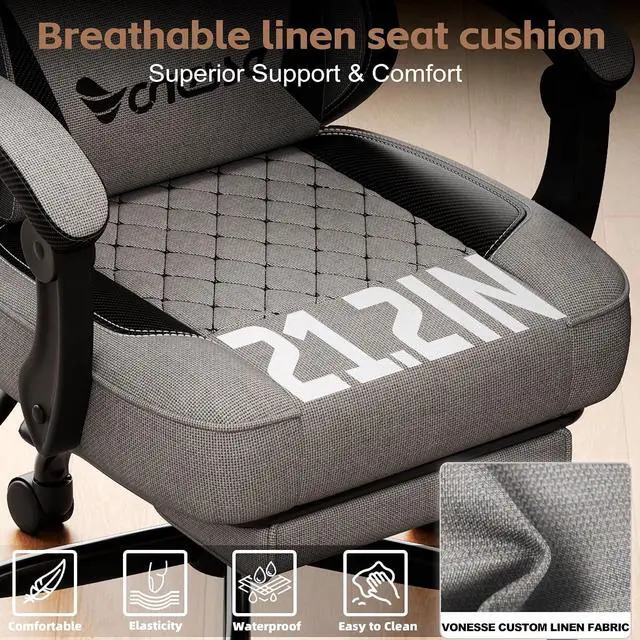 Alt view image 6 of 7 - Gaming Chair, Office Chair with Linen Breathable Mesh Fabric, Desk Chair with Adjustable Lumbar Support, Executive Computer Chairs with Footrest and Headrest (Gray)
