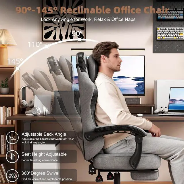Alt view image 7 of 7 - Gaming Chair, Office Chair with Linen Breathable Mesh Fabric, Desk Chair with Adjustable Lumbar Support, Executive Computer Chairs with Footrest and Headrest (Gray)