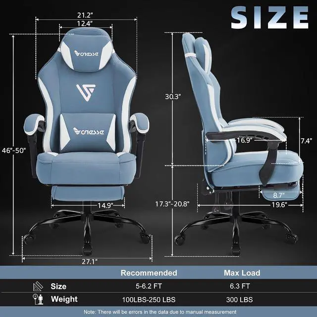 Alt view image 2 of 7 - Gaming Chair, Computer Chair Fabric with Pocket Spring Cushion, Office Chair with Footrest and Massage Lumbar Support, Reclining Gaming Chairs for Adults 250LBS (Blue)